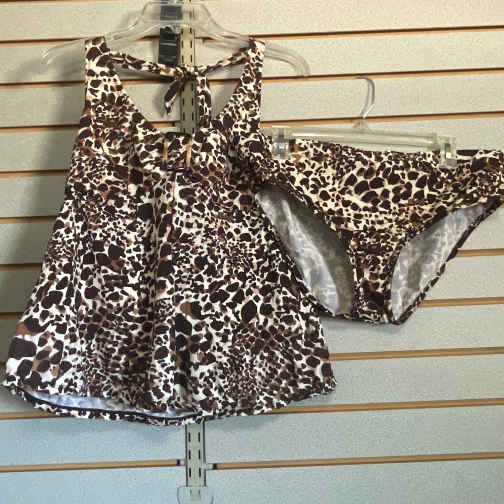 Liz Lange Maternity Leopard Print Tankini Swimsuit Set Brown Large Halter Top